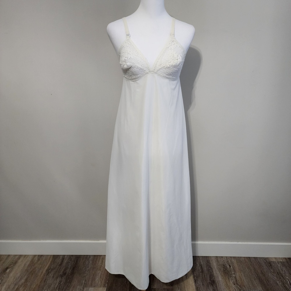 VTG 70s St Michael Petticoat Full Slip Dress 36B Lingerie Ivory Nylon Lace Fairy